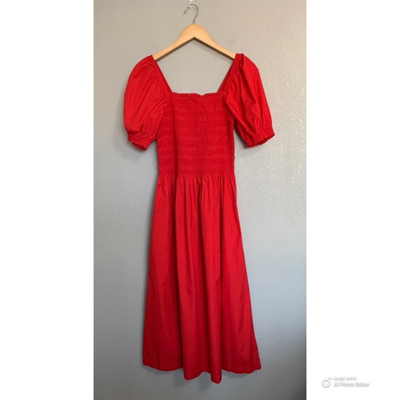 Madewell Cerise Red Smocked Puff Sleeve Dress in Poplin Size Small NWT - Picture 3 of 17